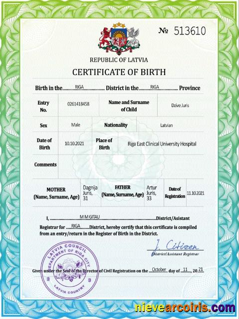 Latvia vital record birth certificate